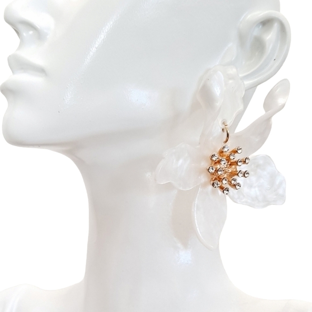 Gold White Flower Statement Earrings Oversized Rhinestone Bridal Formal Wedding - Picture 10 of 17